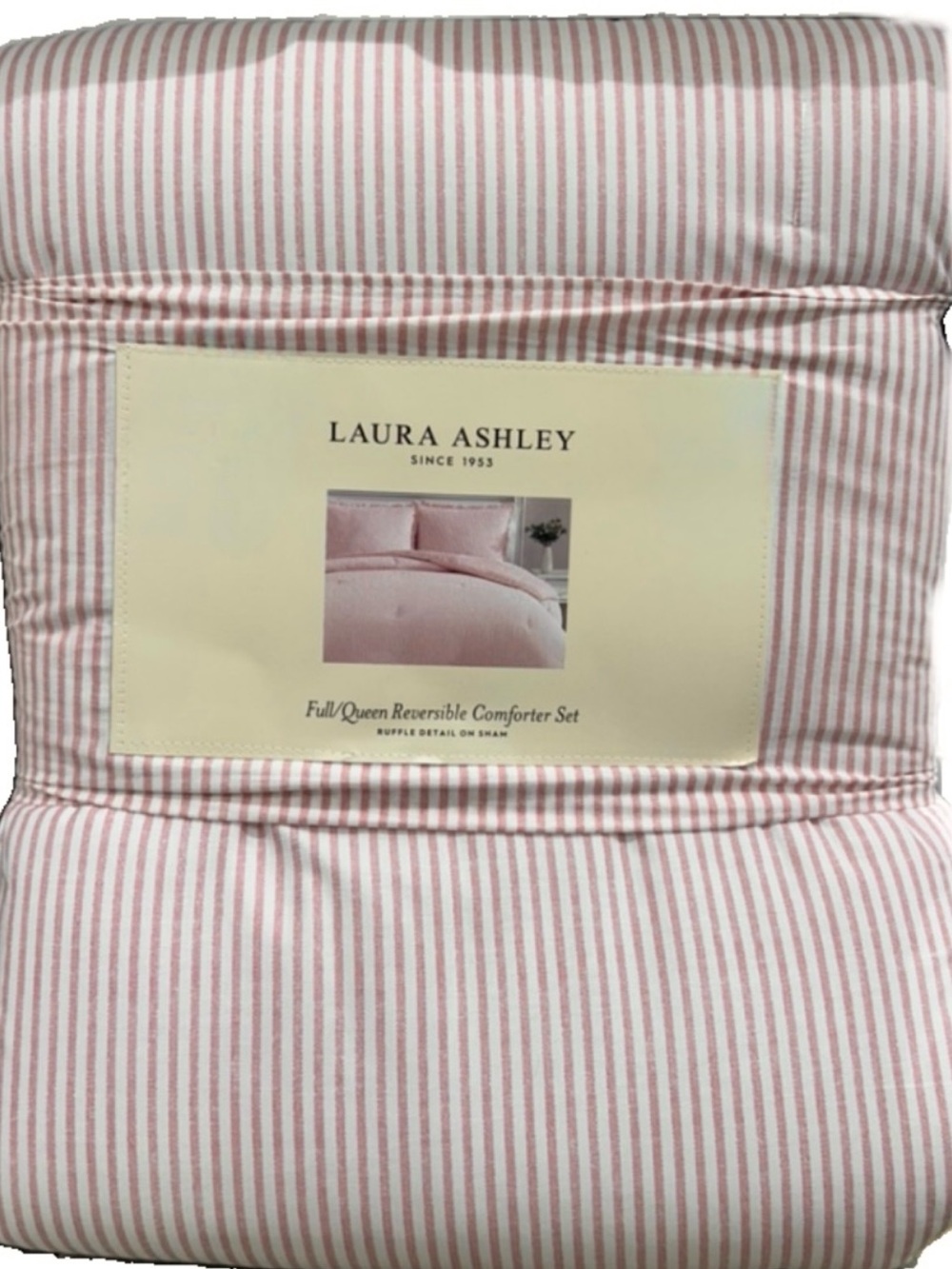 Laura Ashley Striped Pink and White Queen Comforter Set Ruffle Detail 92”x96”